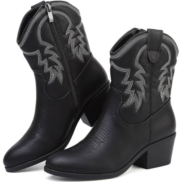 Todaysunny Women Black Western Femme Cowboy Calf Ankle Booties With Side Zip - Picture 5 of 5